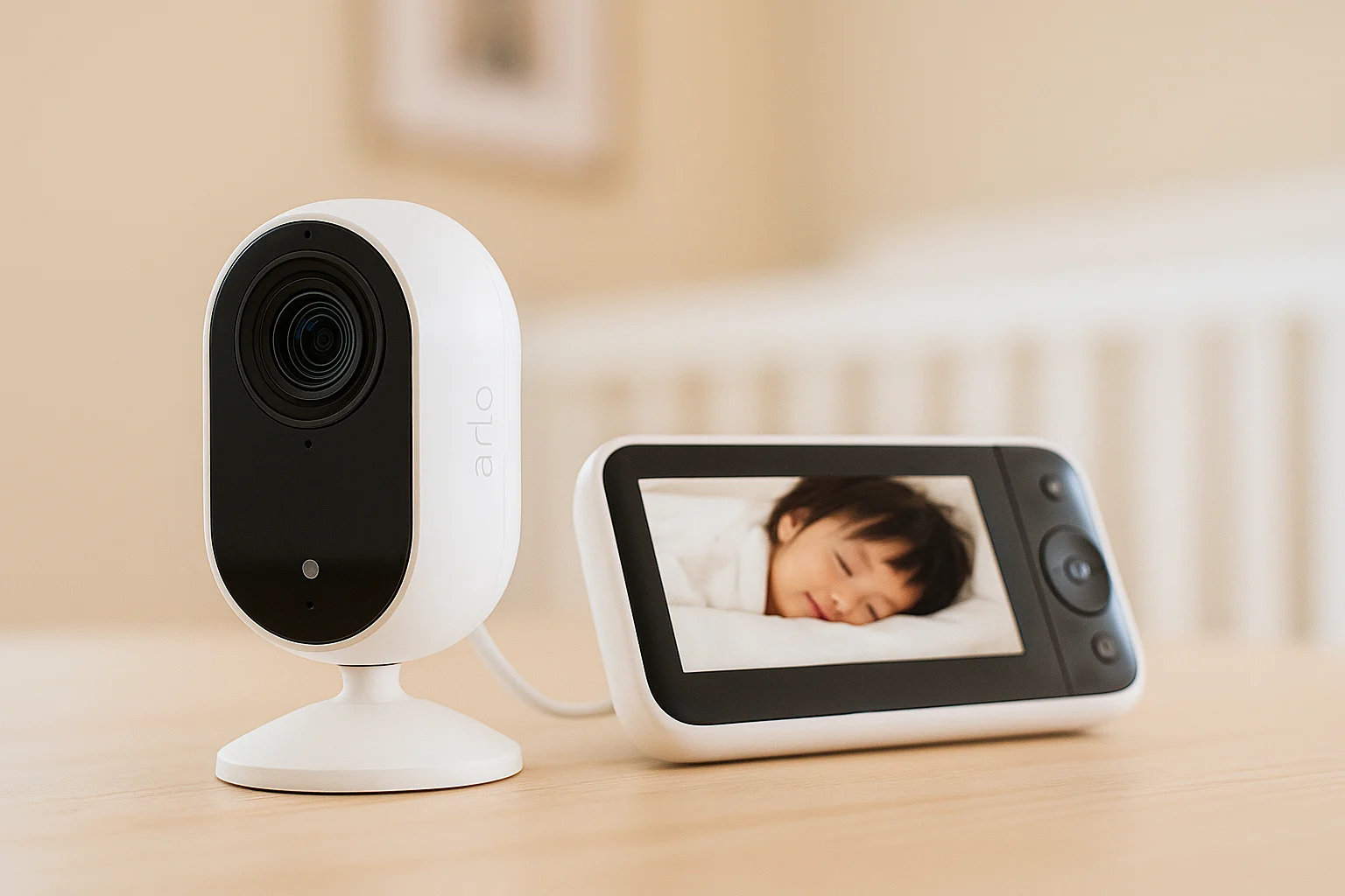 Close-up of a white smart camera next to a portable screen showing a child sleeping peacefully