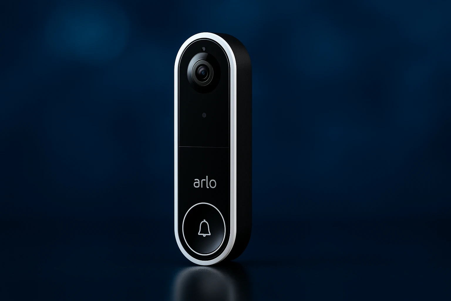 Arlo Essential Wireless Video Doorbell displayed with a dark blue gradient background and soft lighting.