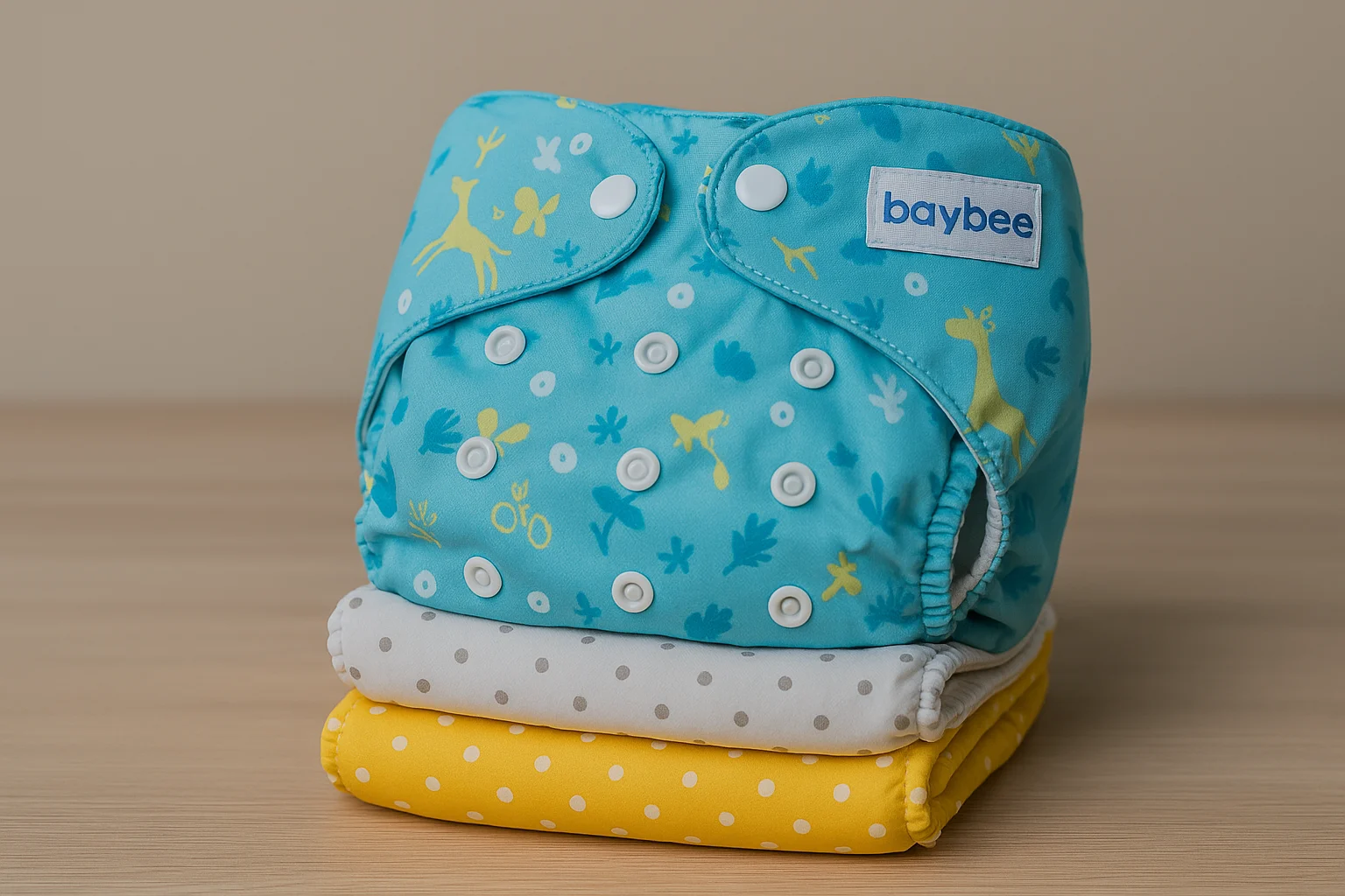 Baybee reusable fabric diapers in bright colors neatly stacked on a wooden surface, showcasing eco-friendly baby products for sustainable parenting.