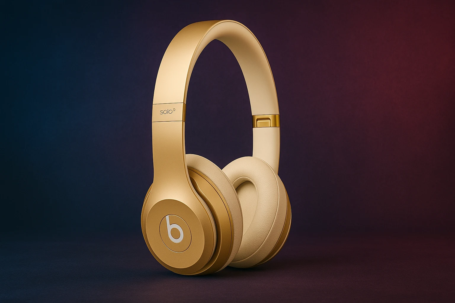 Gold Beats Solo3 Wireless On-Ear Headphones with cream ear cushions, set against a gradient purple-blue background.