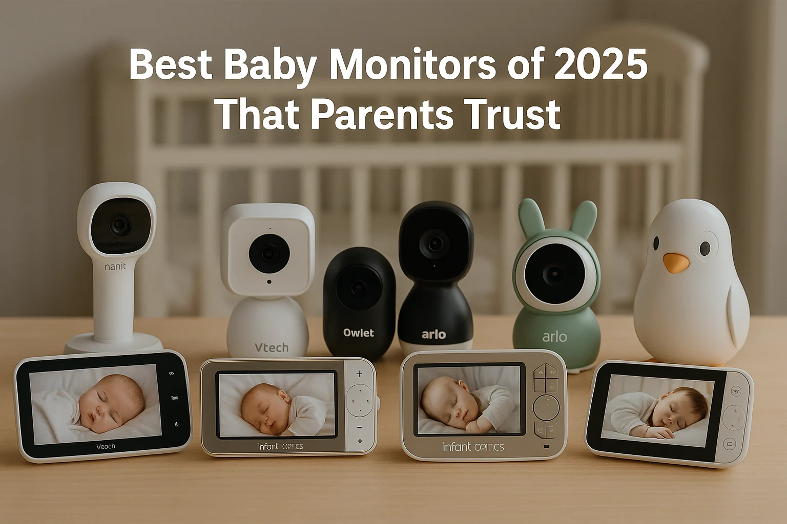 Best baby monitors of 2025 displayed on a wooden table with crib in background, featuring brands like Nanit, VTech, Arlo, and Infant Optics.