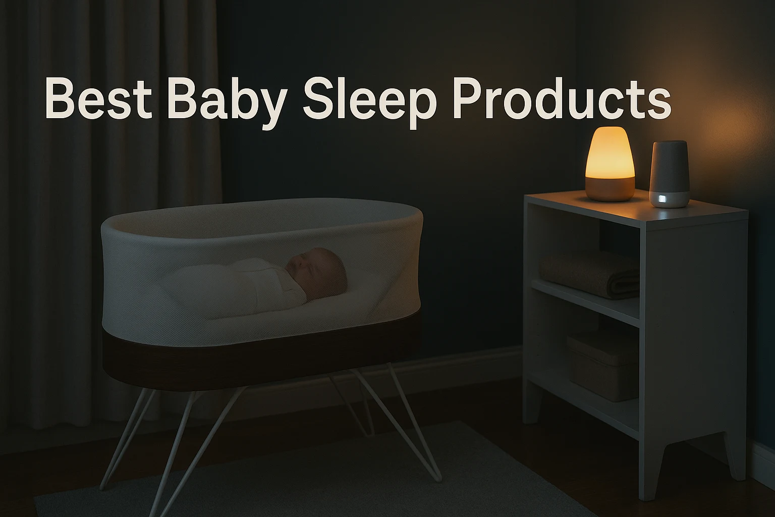 cozy nursery at night, featuring a sleeping baby in a smart bassinet, night-light and white-noise machine glowing softly, with the text “Best Baby Sleep Products” centered at the top.