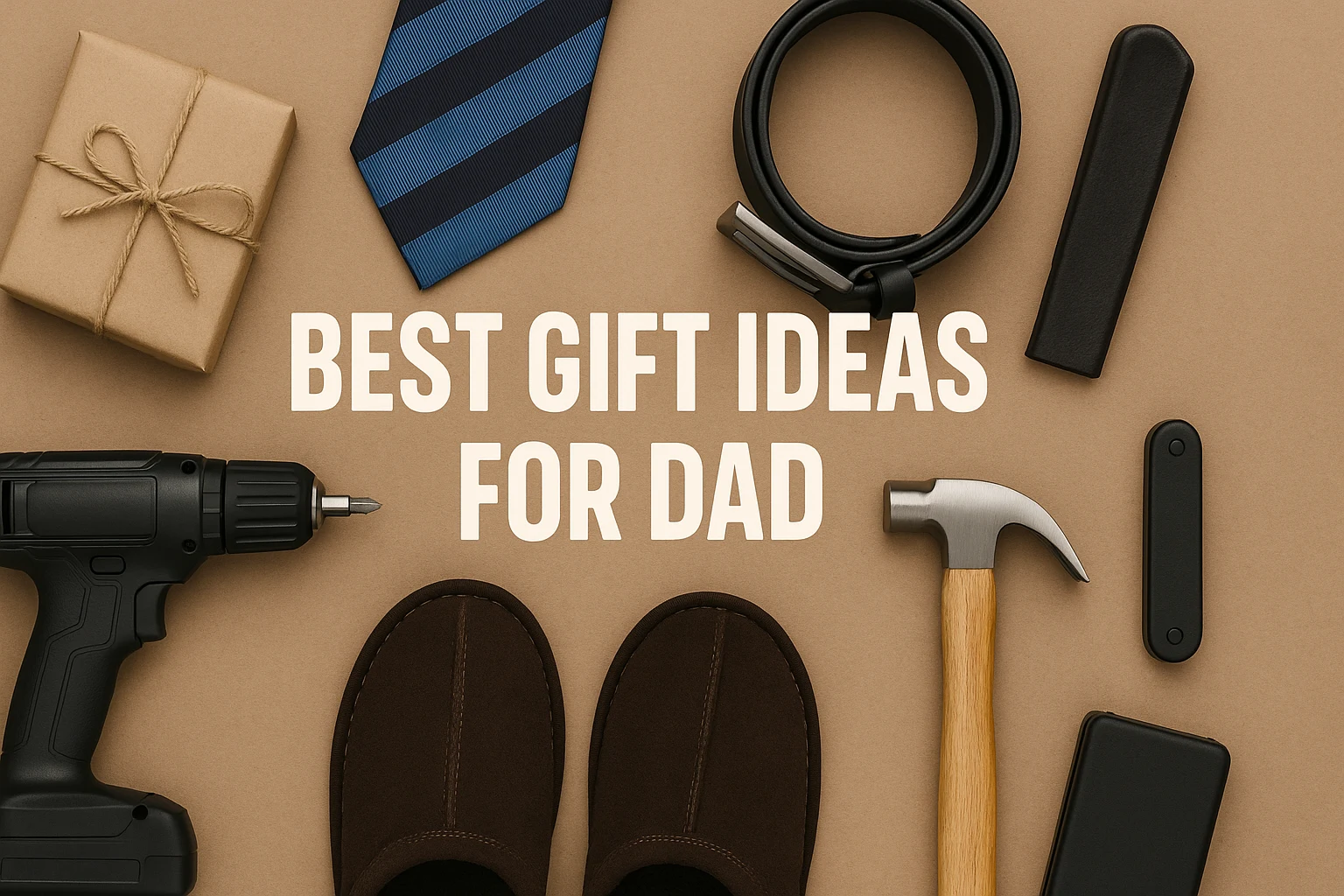 Gift items for dads arranged around central text reading "Best Gift Ideas for Dad" on a brown background.