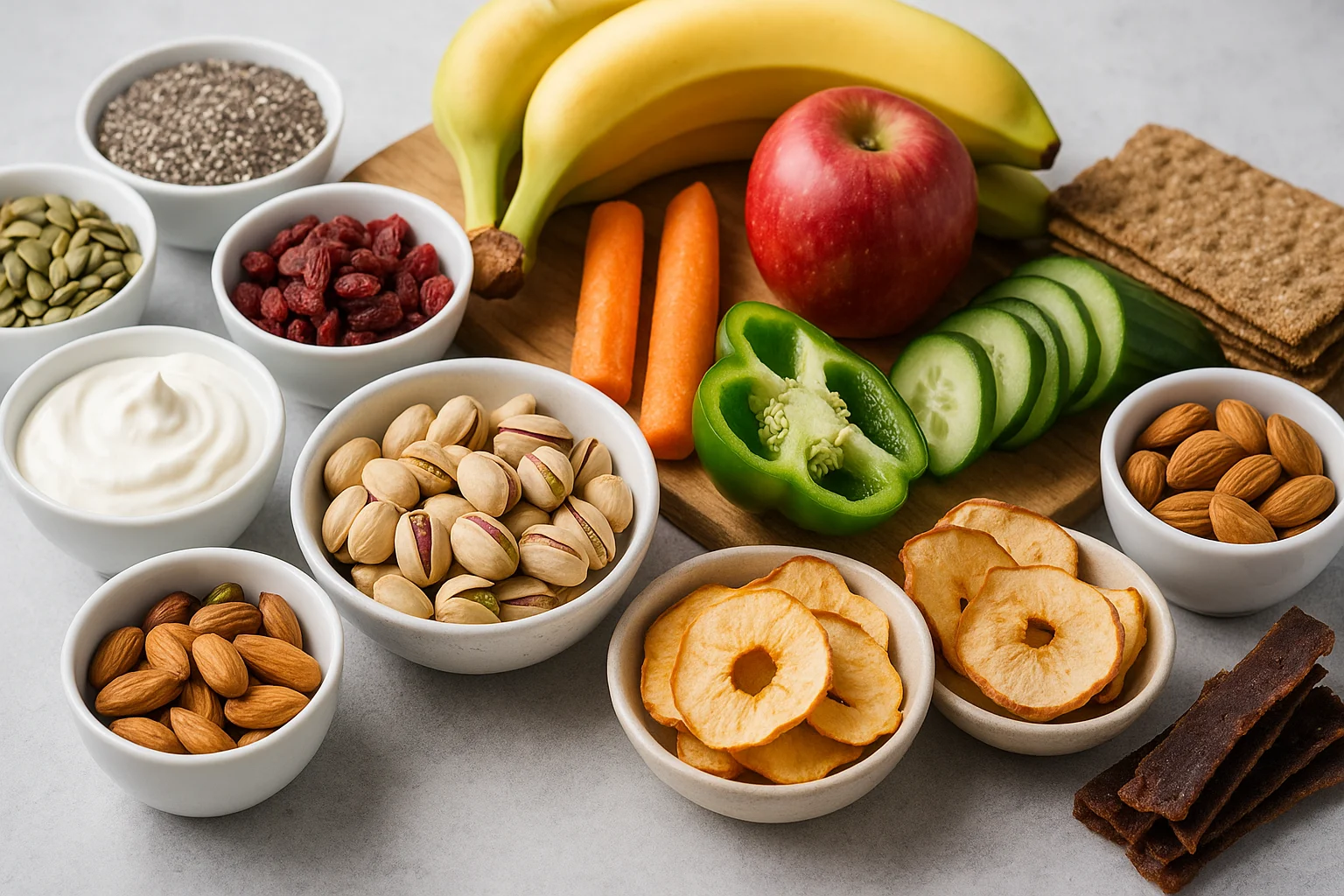 A realistic, wide-angle image of healthy snacks including bananas, apple slices, pistachios, almonds, yogurt, dried berries, sliced cucumbers, carrots, bell pepper, and whole-grain crackers arranged on a gray surface.