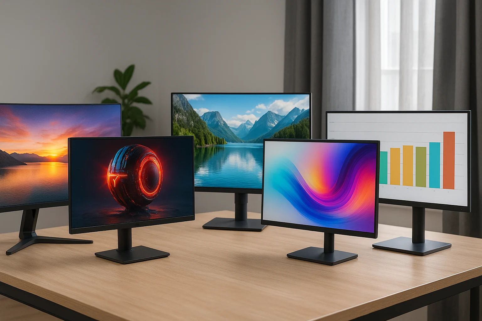 Five best monitors on a wooden desk displaying colorful visuals, perfect for gaming, work, and content creation.