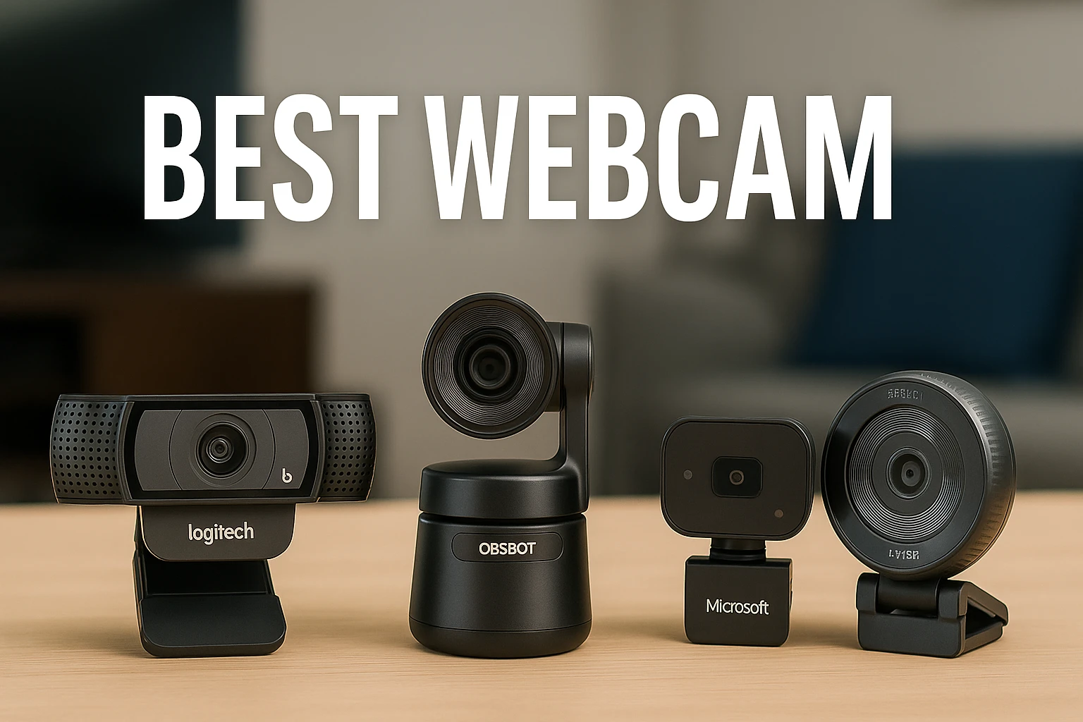 Four best webcam models—Logitech, OBSBOT, Microsoft, and Razer—displayed side by side on a desk for top webcam comparison.