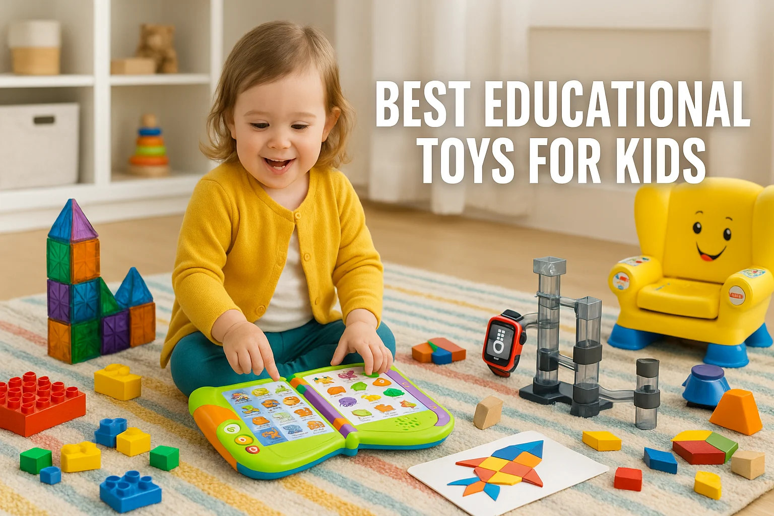 A toddler girl playing with Educational Toys for Kids, including a LeapFrog book, Magna-Tiles, smartwatch, and pattern blocks, on a colorful rug in a bright playroom.