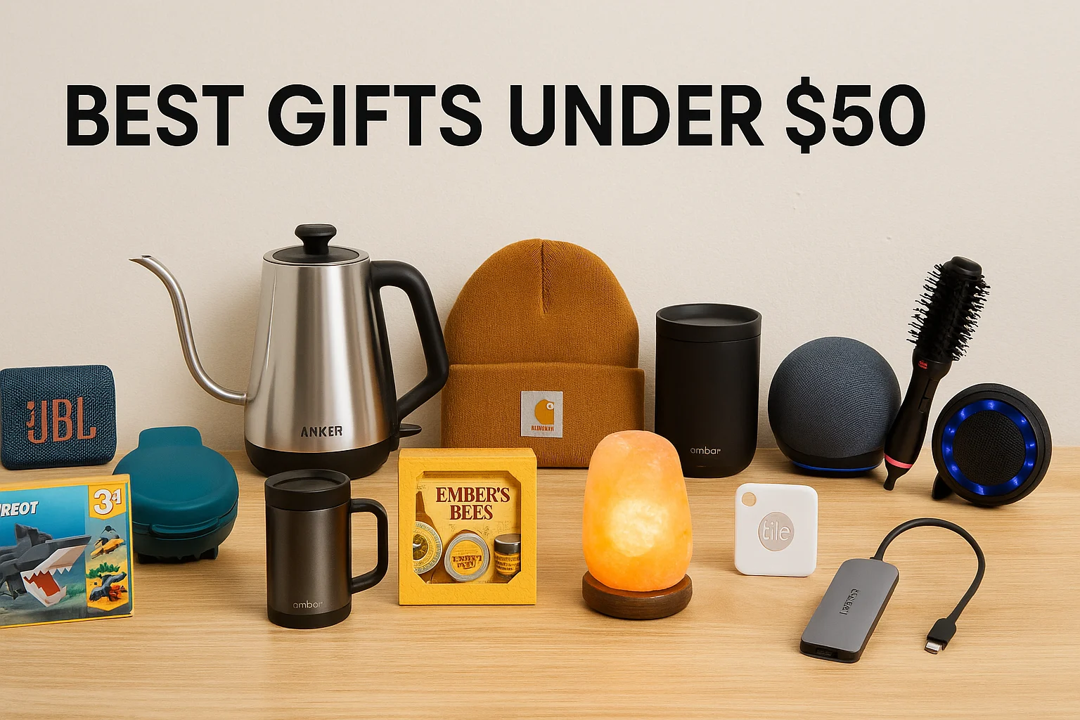 A flat-lay image featuring a collection of budget-friendly gift items arranged neatly on a wooden table with the title "Best Gifts Under $50" written in bold black text above. Items include a JBL mini speaker, Anker gooseneck electric kettle, beanie hat, reusable mug, salt lamp, Tile tracker, LEGO set, USB-C hub, and other small electronics and accessories.