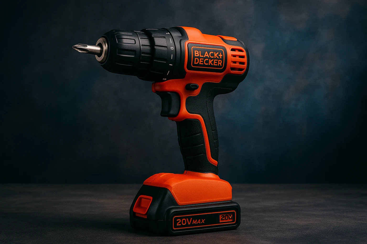 BLACK+DECKER 20V MAX Cordless Drill/Driver in black and orange, set against a moody dark blue and gray textured background.
