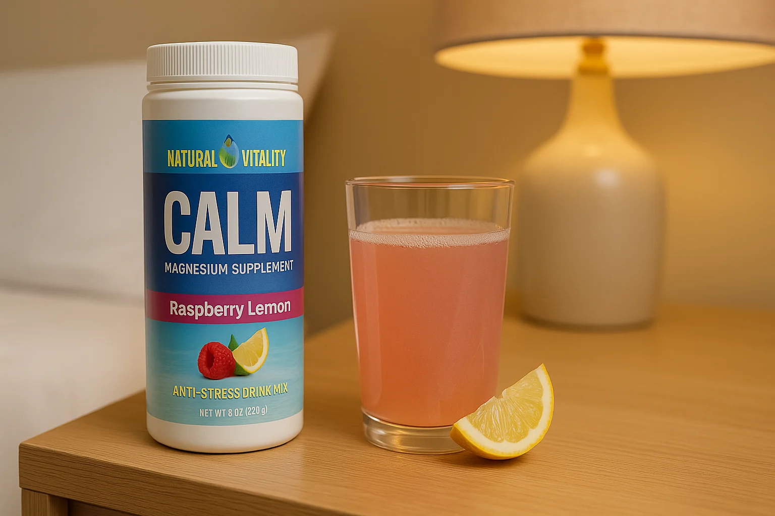 A bottle of Calm Magnesium Raspberry Lemon supplement and a glass of mixed drink placed on a wooden nightstand beside a softly lit bedroom lamp.