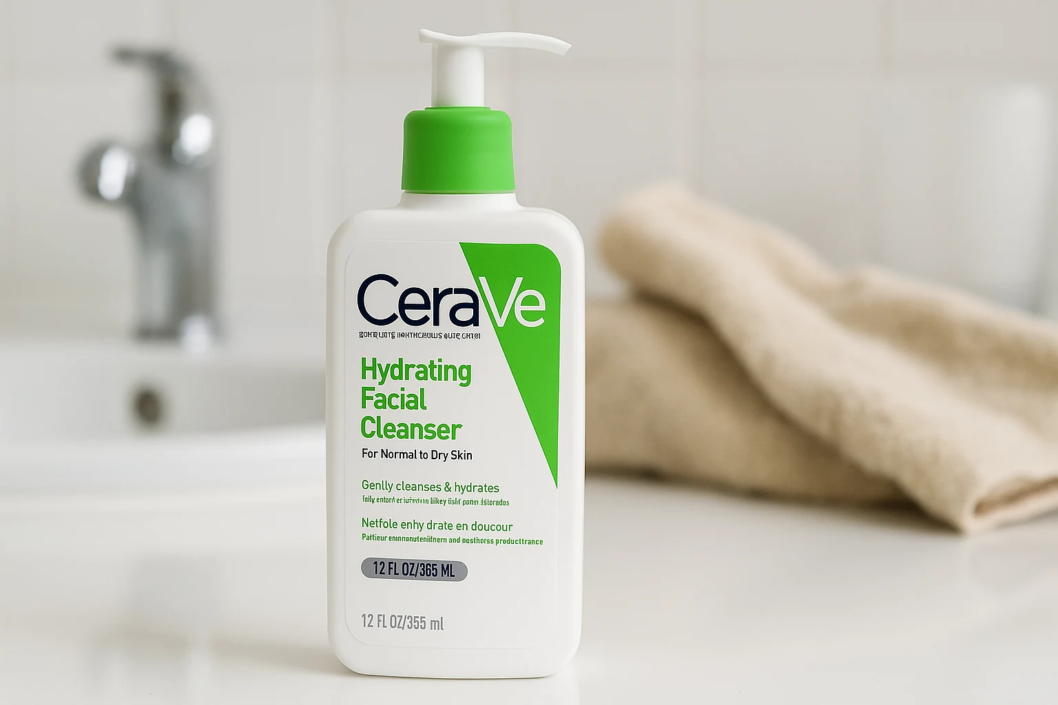 Best skincare product for dry skin – CeraVe Cleanser on a bathroom sink with towel.