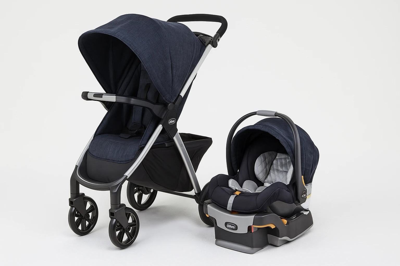 Chicco KeyFit 30 baby car seat with matching stroller displayed on a white background, showcasing one of the best baby car seats for newborns and infants in a travel-friendly design.