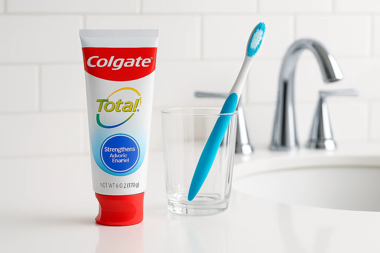 Tube of Colgate Gum Health toothpaste on a clean bathroom counter beside a toothbrush and ceramic soap dish.