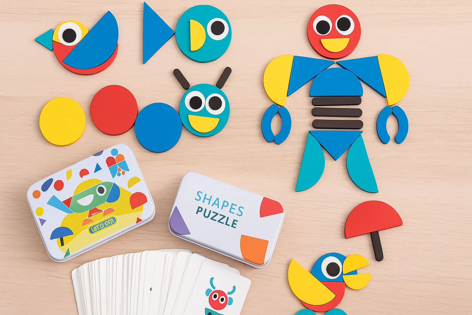 Wooden geometric shape puzzle pieces and design cards arranged on a light wooden surface.