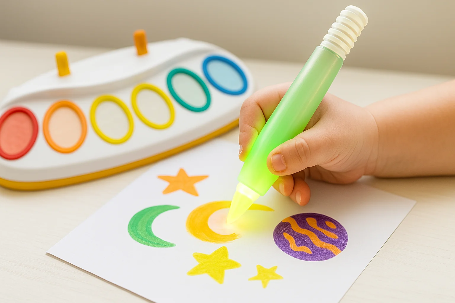 Child’s hand painting stars and moons with Crayola Color Wonder Magic Light Brush on special mess-free paper