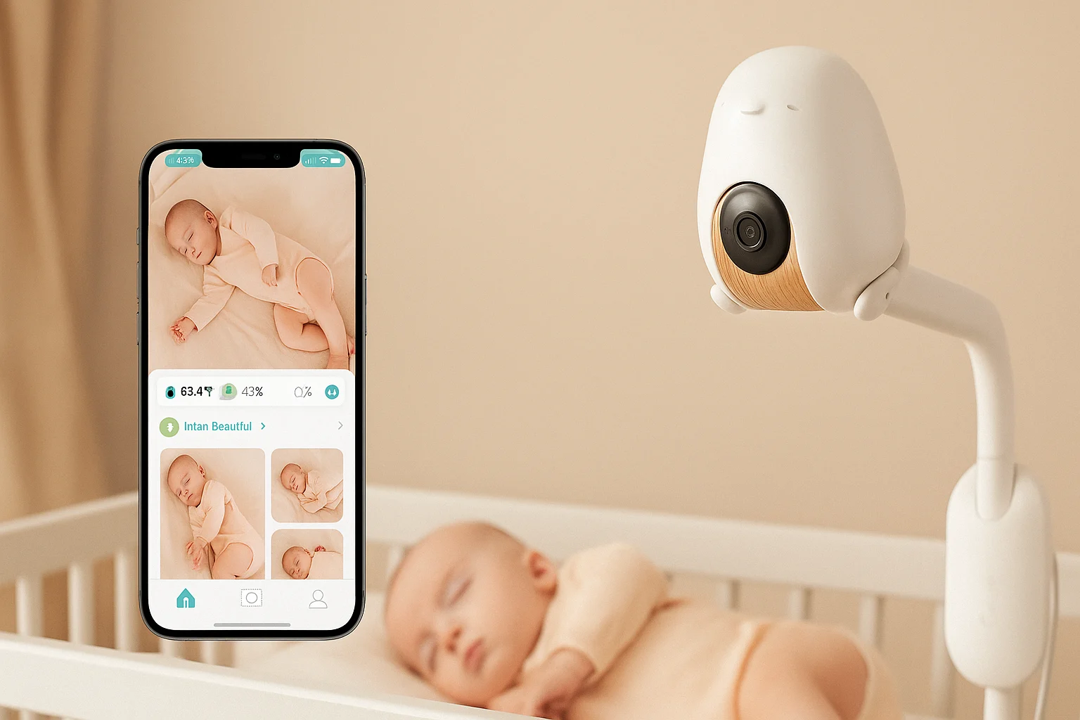 Smart baby camera with mobile app showing live video of sleeping infant in a crib