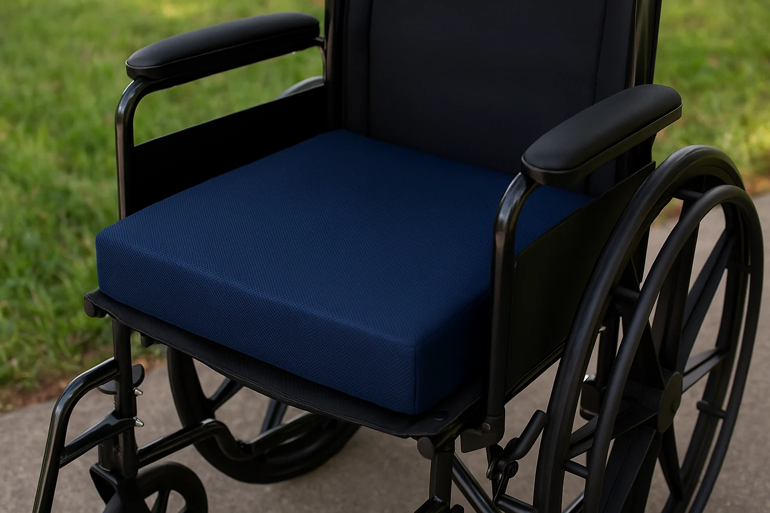 Navy blue DMI foam seat cushion placed on a black wheelchair with padded armrests, shown on a concrete path beside green grass.