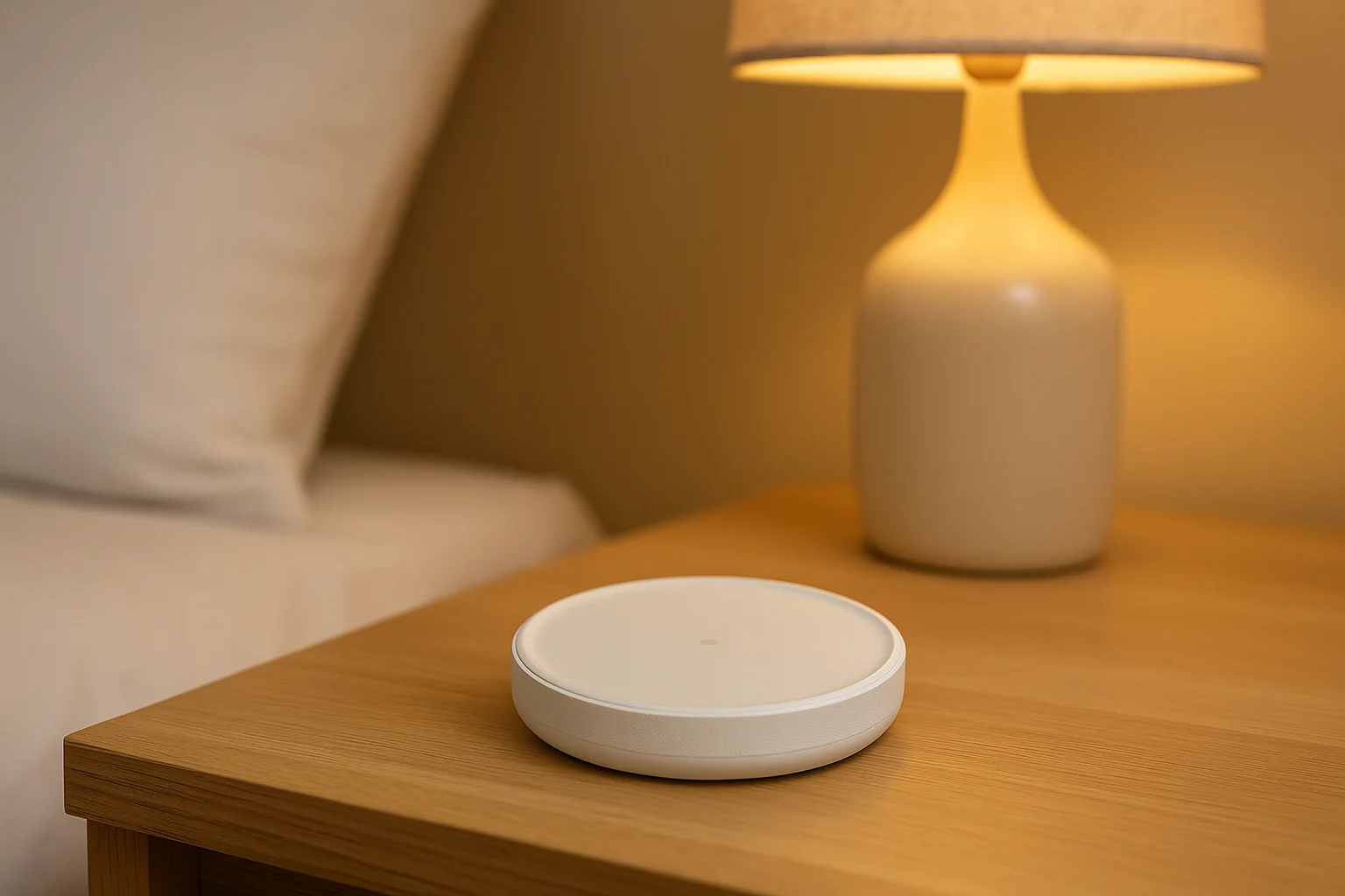 A Dodow sleep aid device placed on a wooden nightstand beside a glowing lamp and a white pillow in a softly lit bedroom.