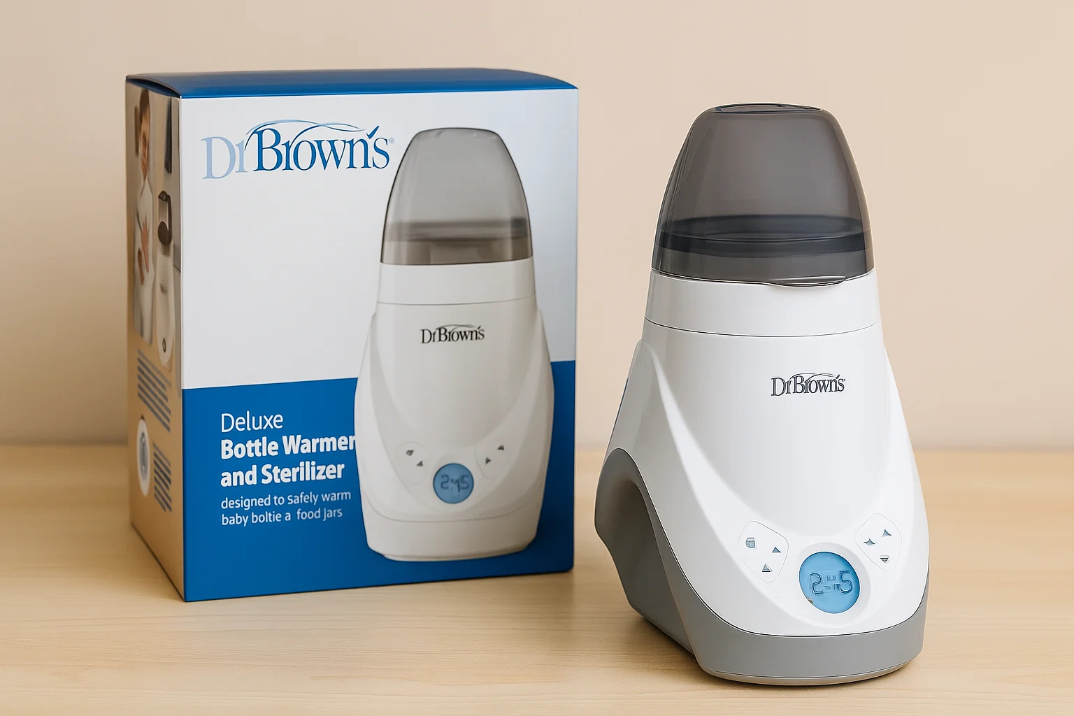 Dr. Brown’s Deluxe Bottle Sterilizer on a clean surface, shown as part of essential baby feeding gear for safe bottle cleaning