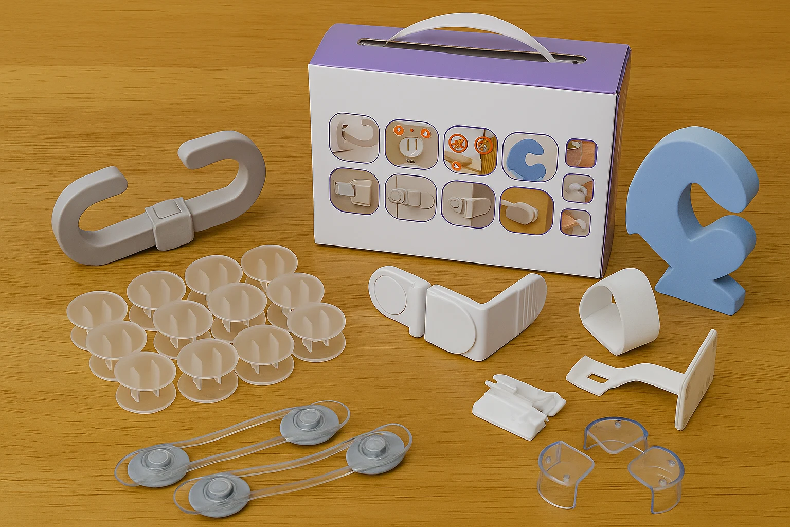 Child safety products including outlet covers, cabinet locks, and corner guards arranged neatly on a white background