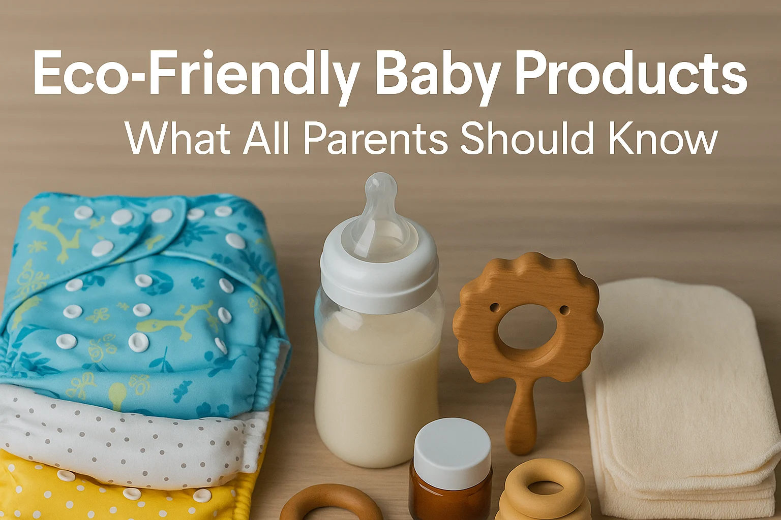 Eco-friendly baby products including reusable cloth diapers, a glass baby bottle, wooden teether, and natural wipes arranged neatly on a wooden surface.