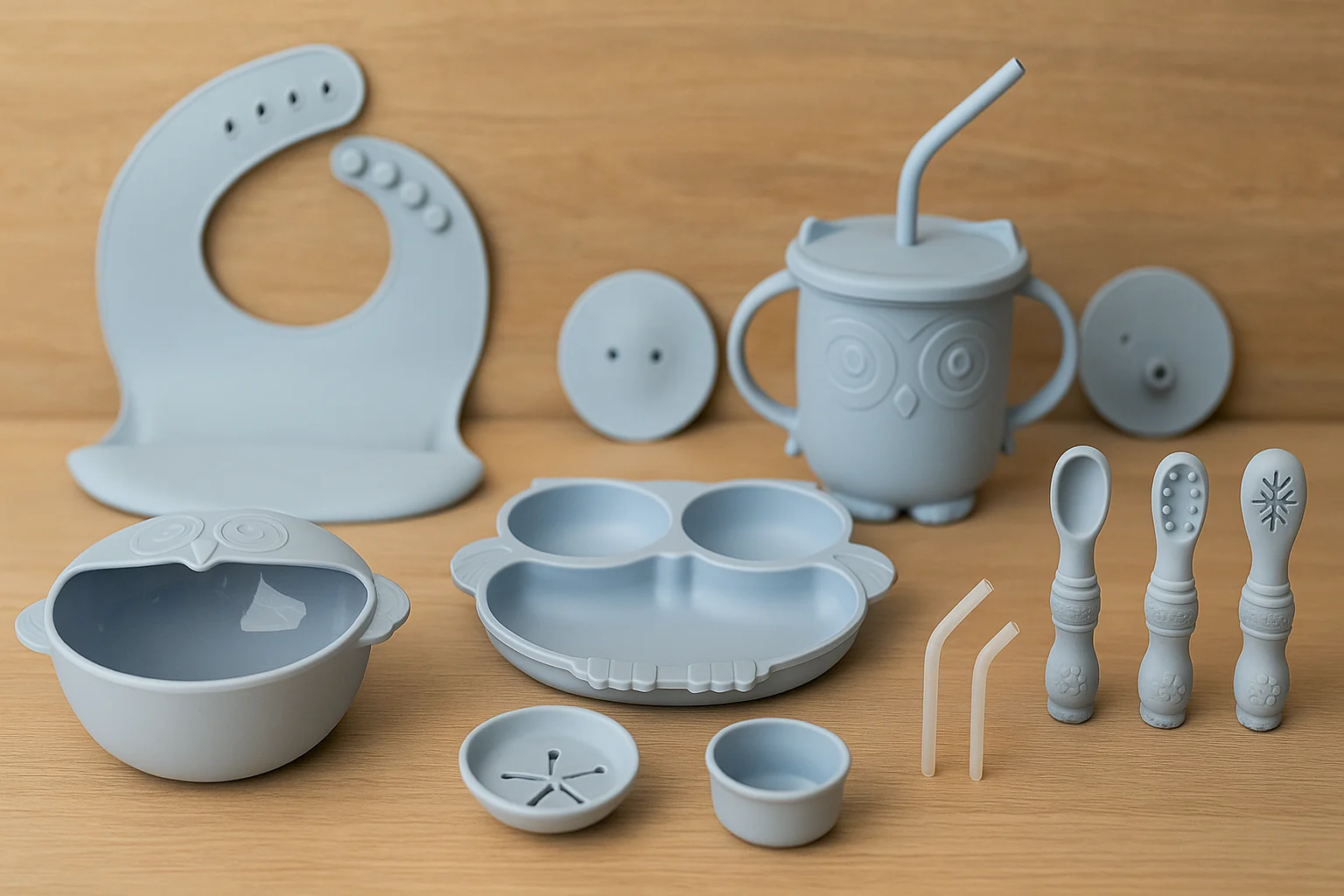 Eco-friendly baby products made of light blue silicone, including bib, sippy cup, owl-shaped plate, bowl, utensils, and straws on a wooden surface.