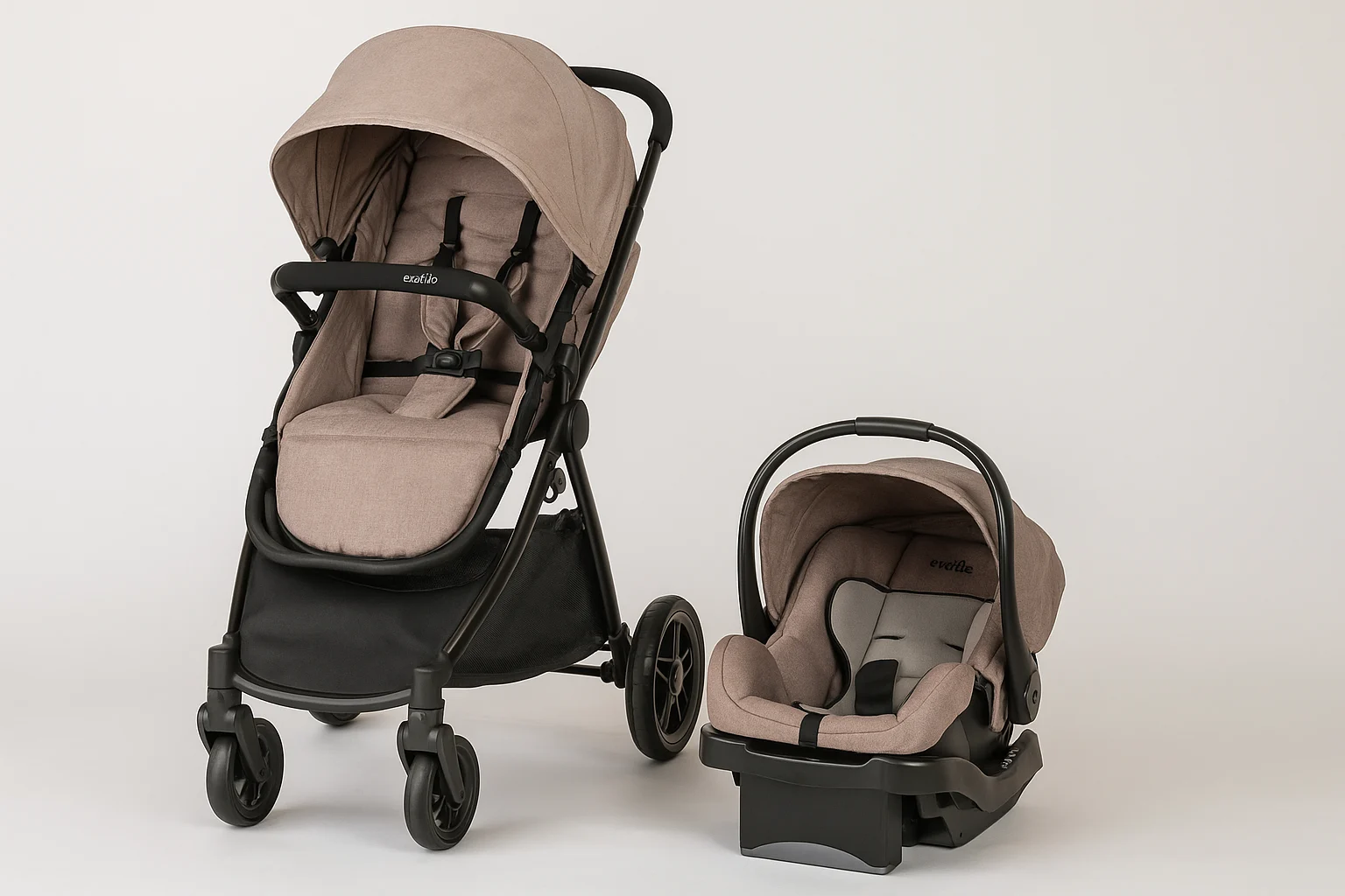 A tan and black travel system featuring a stroller with a sun canopy and a separate infant carrier, both placed against a plain background.