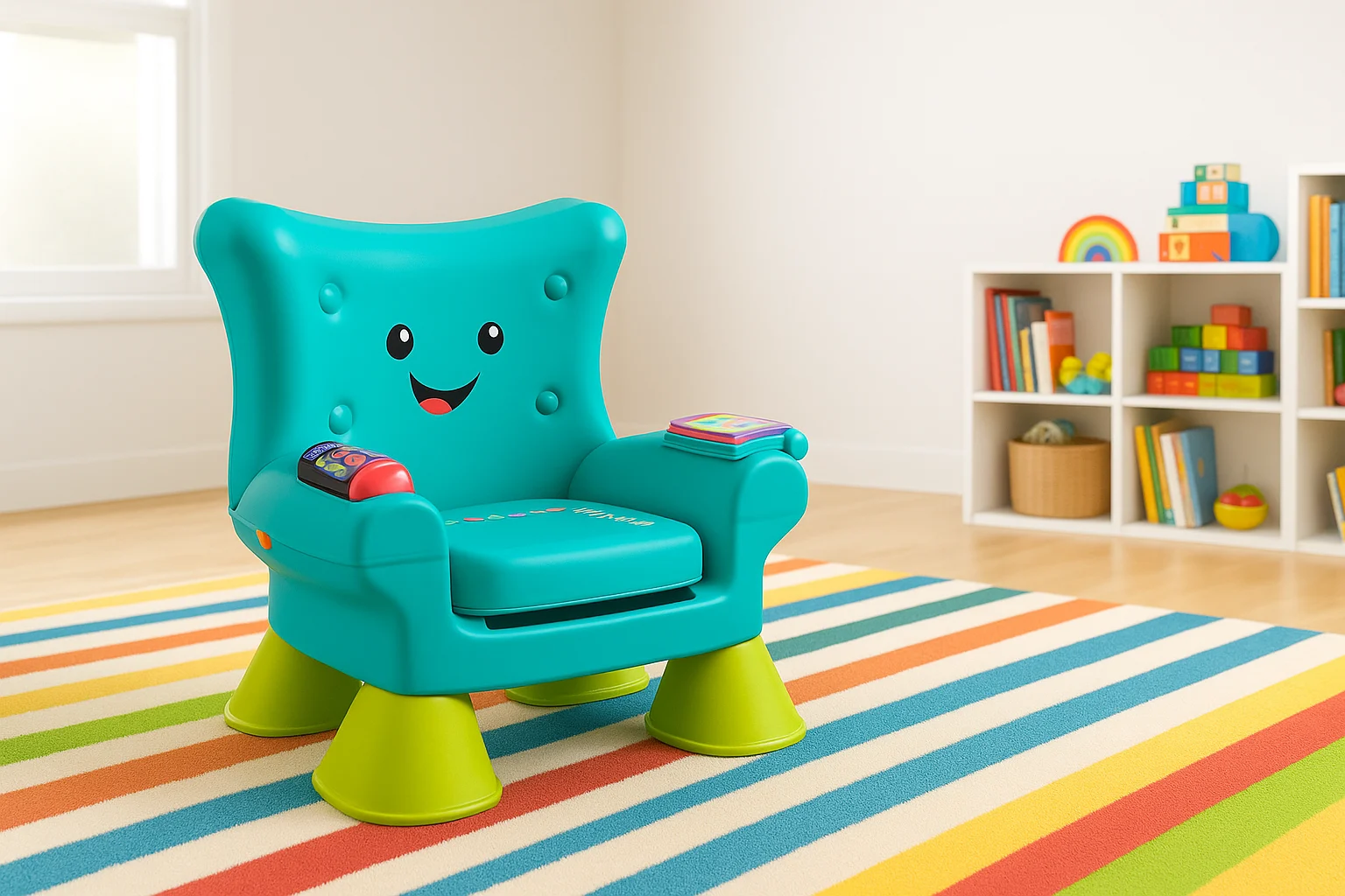 A turquoise and green toddler chair with a smiling face sits on a colorful striped rug in a bright children's playroom.