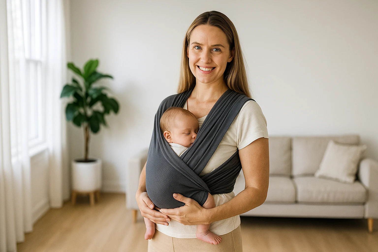 Newborn sleeping in charcoal-gray wrap carrier
