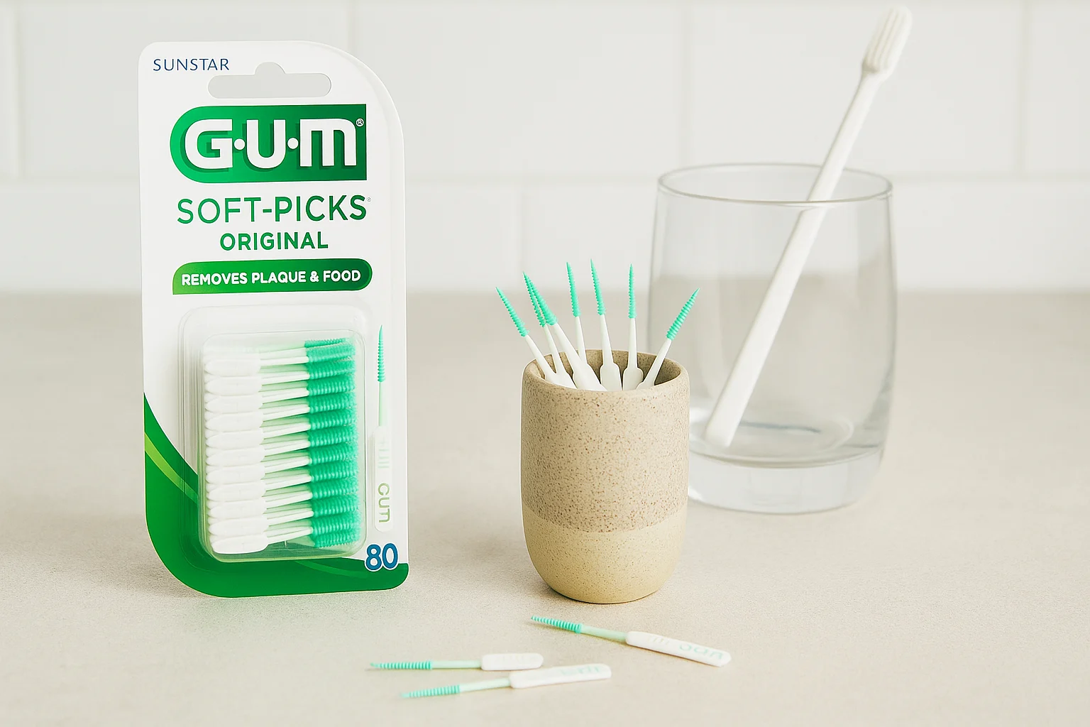 Pack of GUM Soft-Picks Original dental picks displayed on a bathroom counter with a toothbrush and travel case.