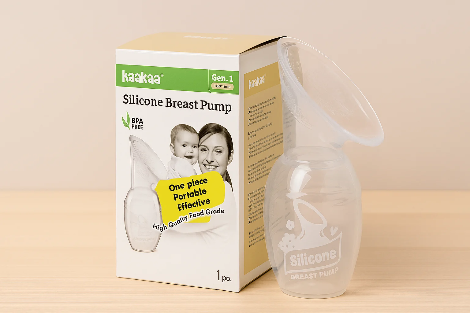 Haakaa Silicone Breast Pump placed on a wooden surface as part of essential baby feeding gear