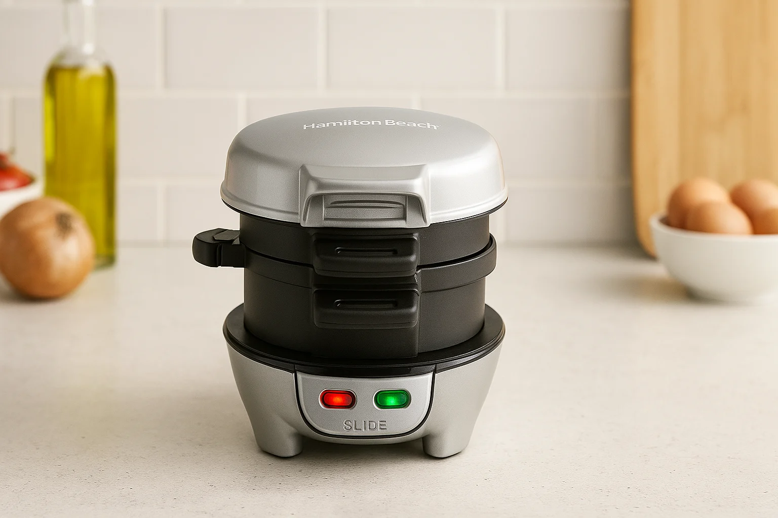 Hamilton Beach Breakfast Sandwich Maker on a kitchen countertop with eggs, olive oil, and vegetables in the background.