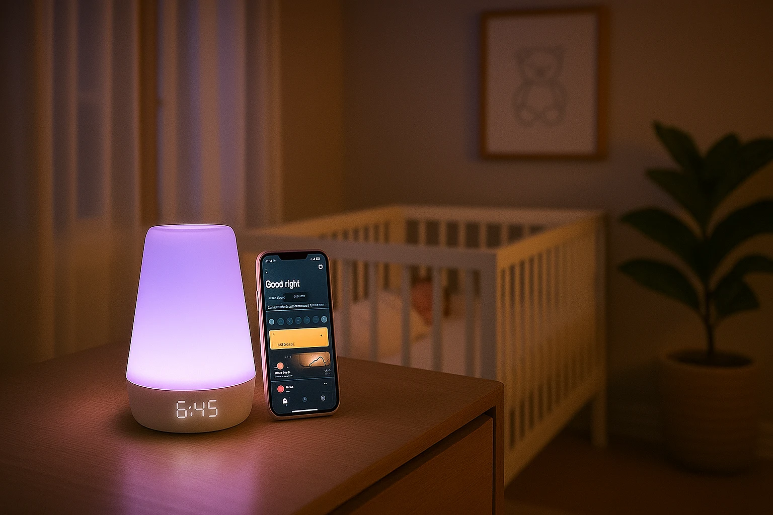 Hatch Rest (2nd Gen) night-light glowing lavender on a dresser beside the Hatch app, crib and sleeping baby blurred in background.