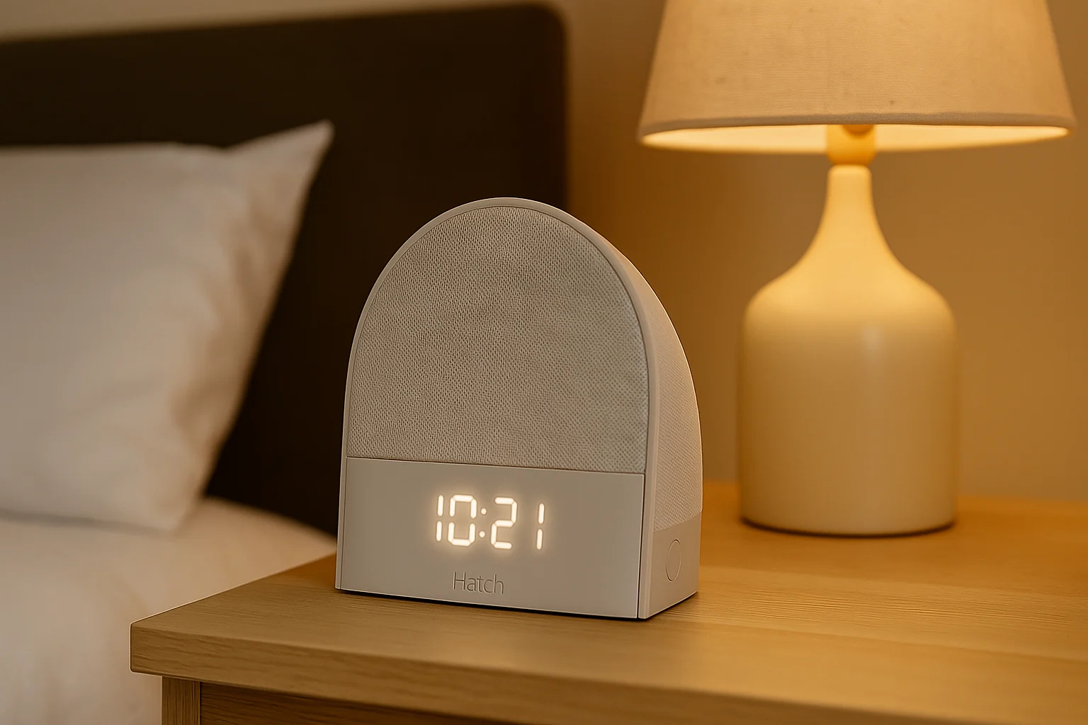 A Hatch Restore smart sleep device on a wooden nightstand next to a glowing bedside lamp and white pillow in a cozy bedroom.