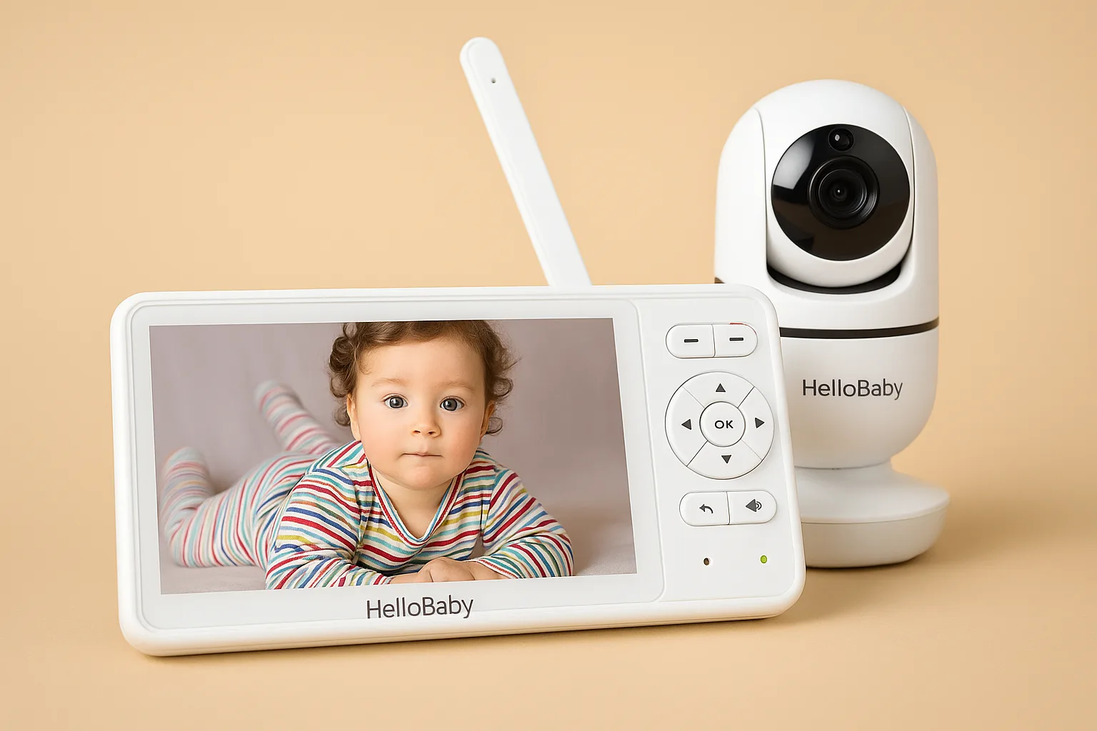 A white baby monitor screen showing a child in colorful striped pajamas, next to a matching white camera unit