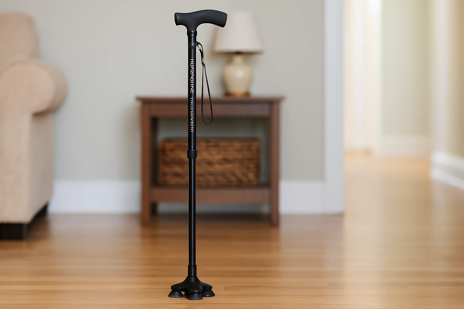 HurryCane Freedom Edition folding cane standing upright on a hardwood floor in a home setting with soft natural lighting.