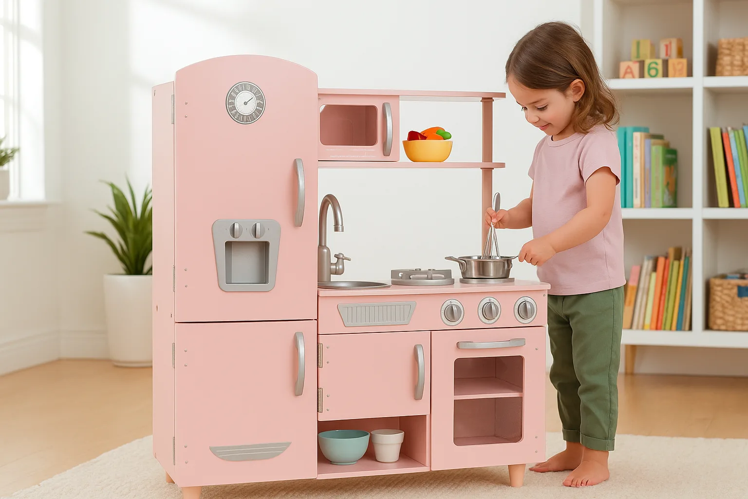 Child happily cooking at a pink KidKraft Vintage Play Kitchen in a bright playroom