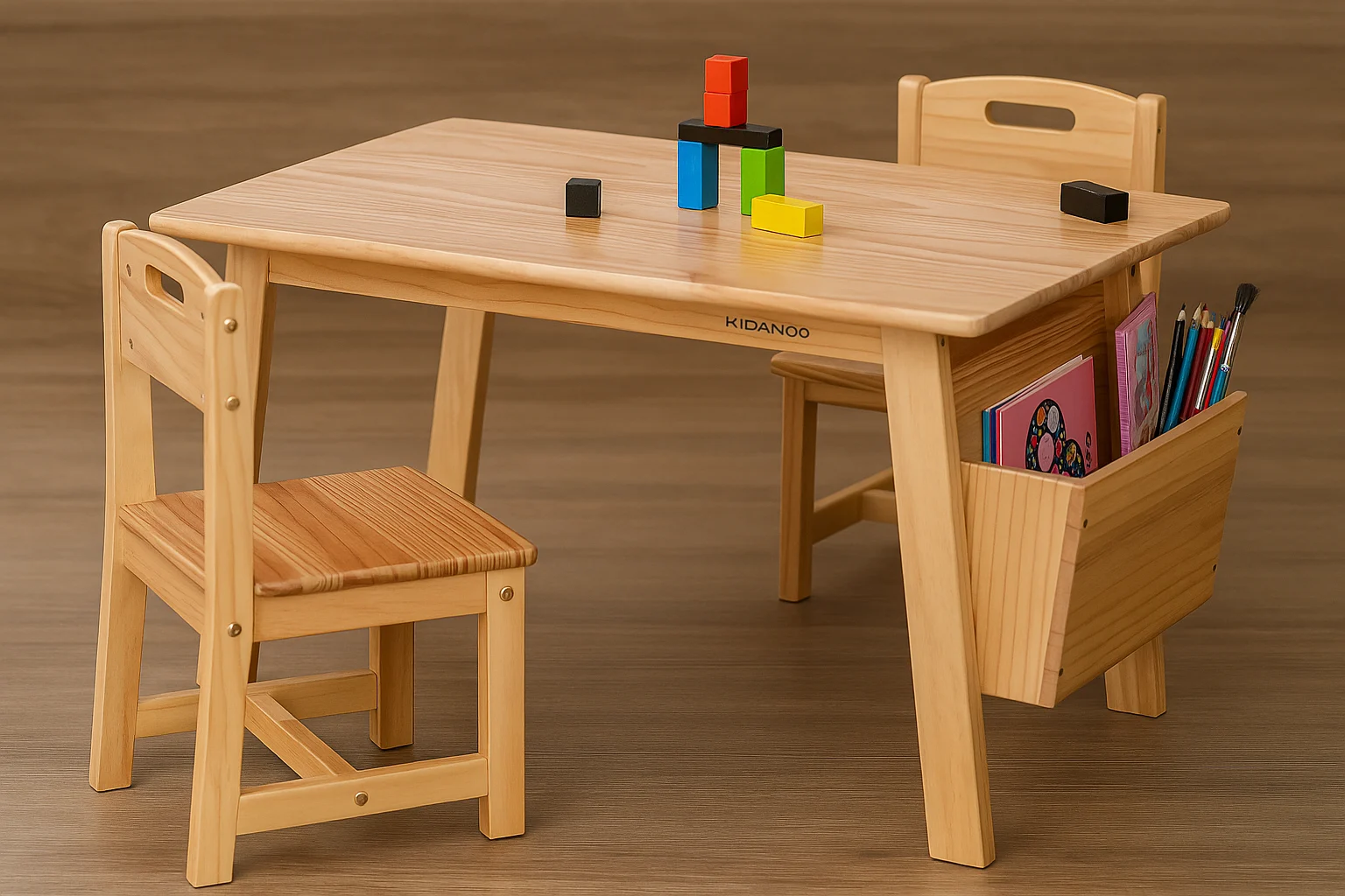 Eco-friendly baby products including a wooden table and chairs set with built-in storage and learning toys, ideal for sustainable play spaces.