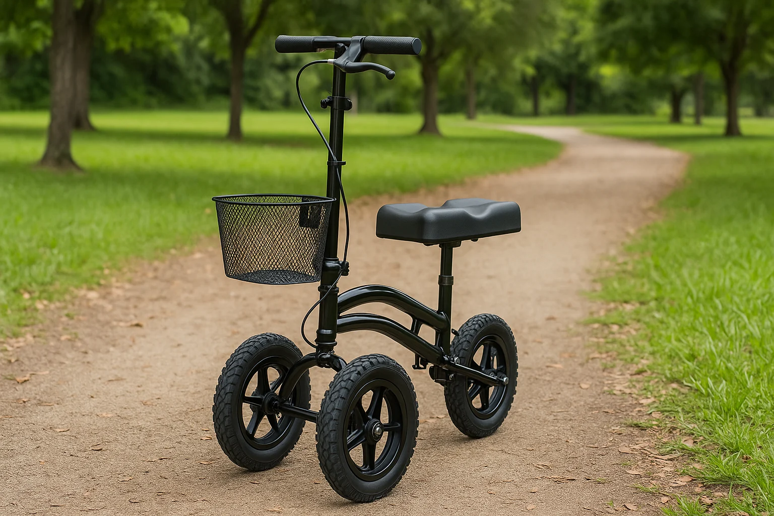 All-terrain knee walker with large wheels and padded knee rest, parked on a dirt trail in a green park.