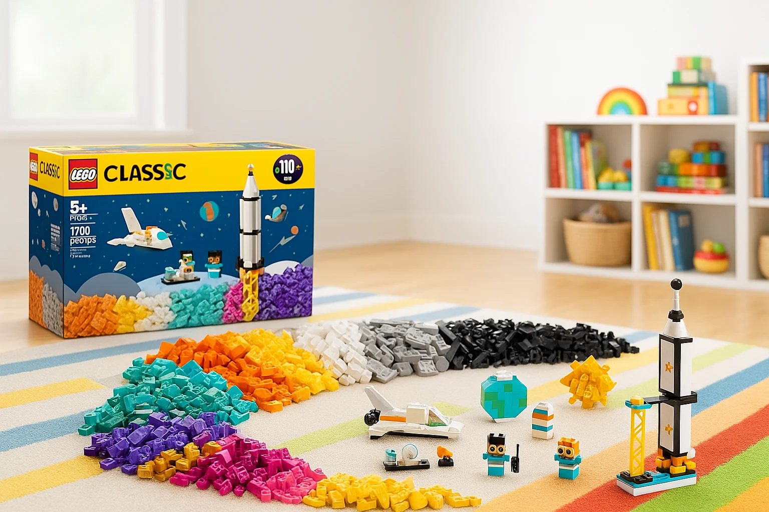 A colorful LEGO set arranged on a striped rug in a sunlit playroom, featuring a rocket, mini figures, and rainbow-sorted building bricks.