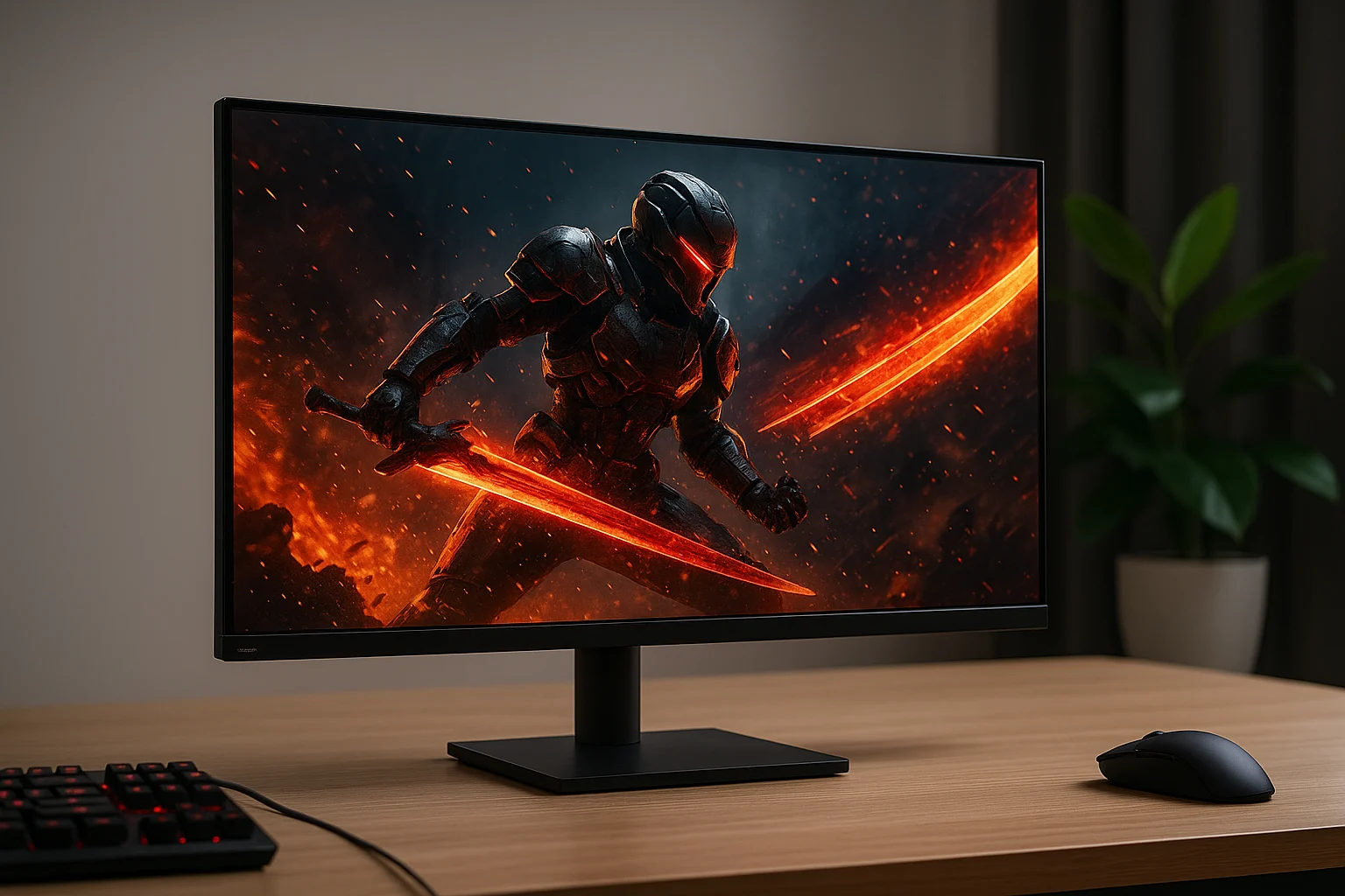 Best monitor for 4K gaming setup featuring the LG UltraGear 27GR93U-B on a wooden desk.