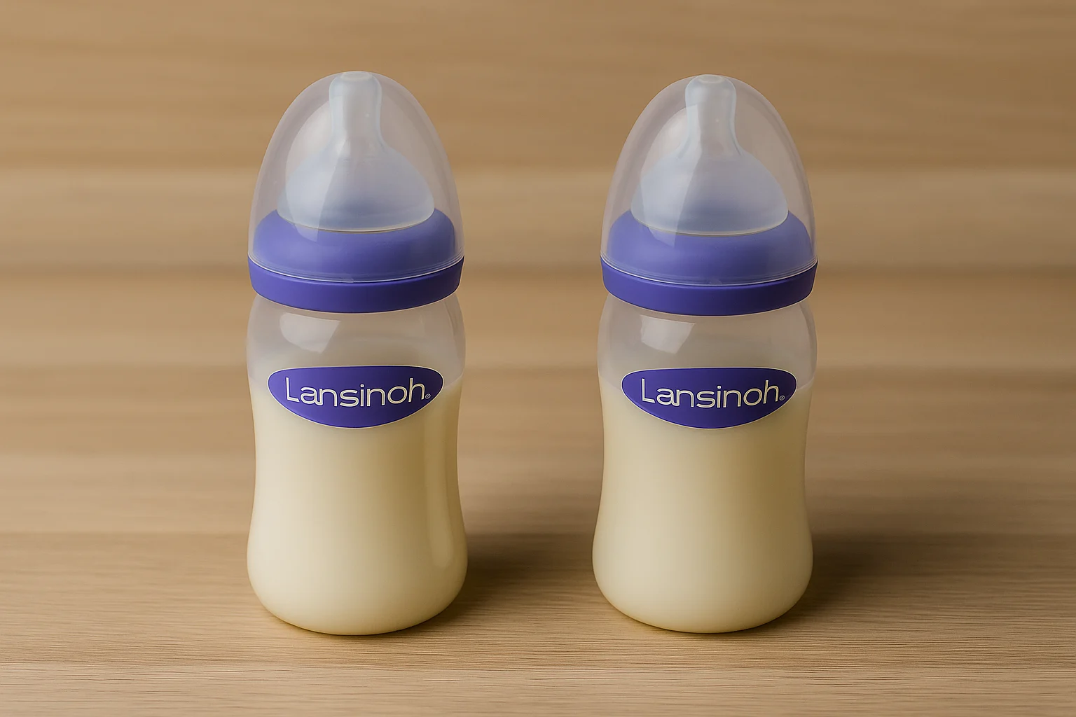 Two anti-colic baby bottles with silicone nipples placed on a wooden surface