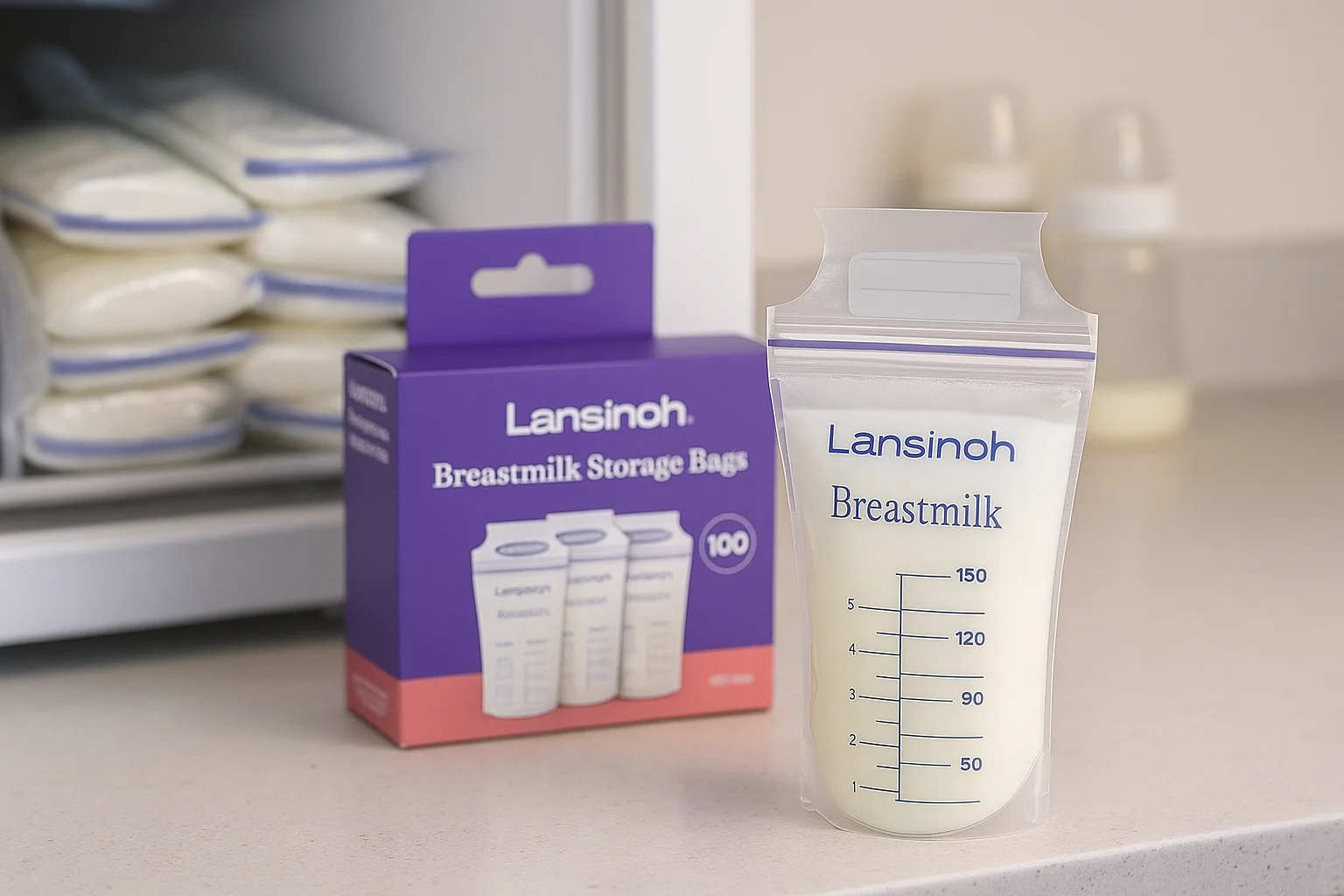 Box of Lansinoh breast-milk storage bags beside a filled bag on a kitchen counter with stacked frozen bags in open freezer.