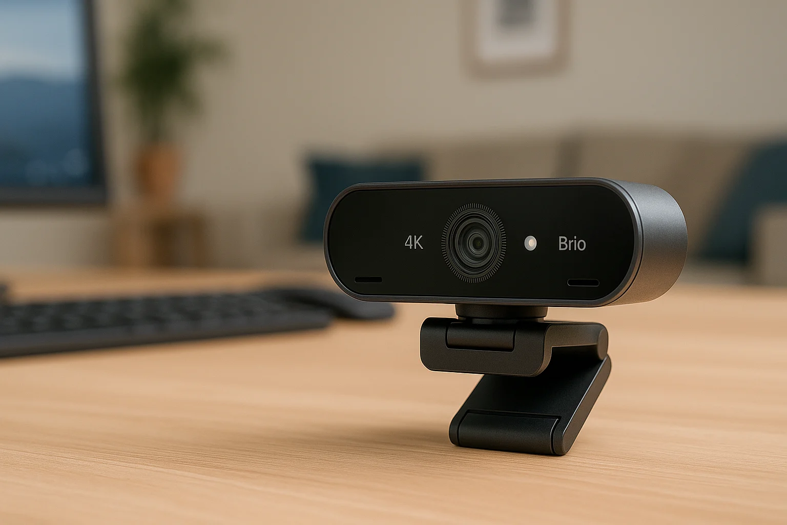 Logitech Brio 4K webcam on a wooden desk in a modern home office, featured as the best webcam for ultra high-resolution video.