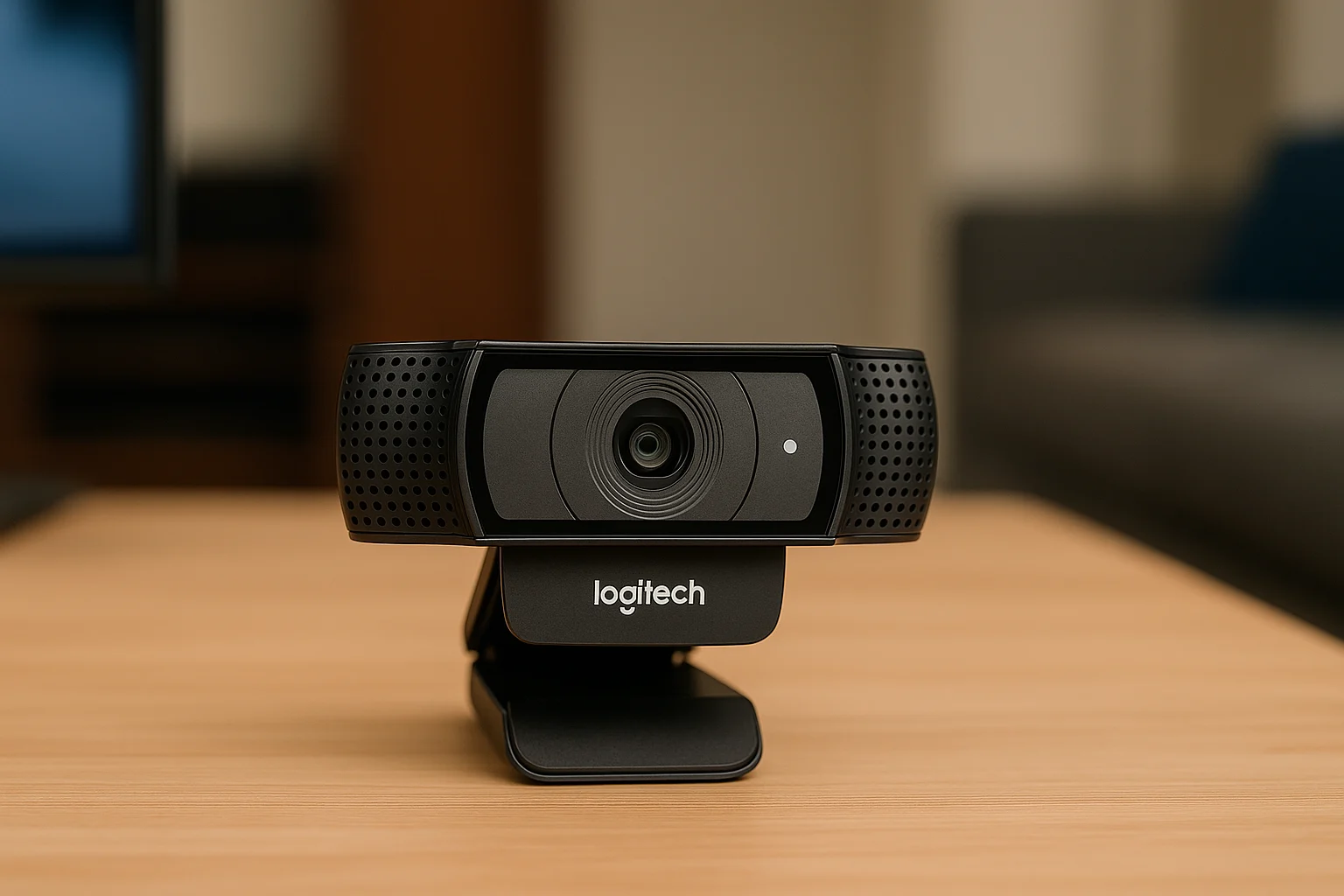 Logitech C920S Pro HD webcam on a wooden desk in a realistic home office setup.