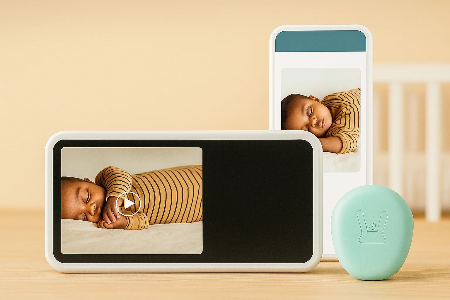 Smart screen displays showing a sleeping baby, with a mint-colored sensor device nearby on a wooden surface
