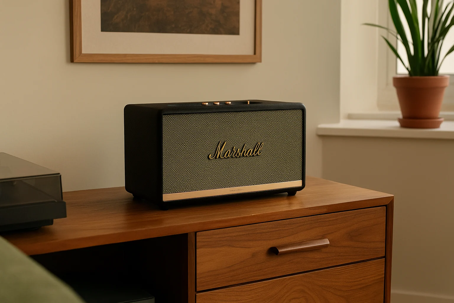 Marshall Stanmore II Bluetooth speaker on a wooden sideboard — one of the best speakers for vintage style and modern sound.