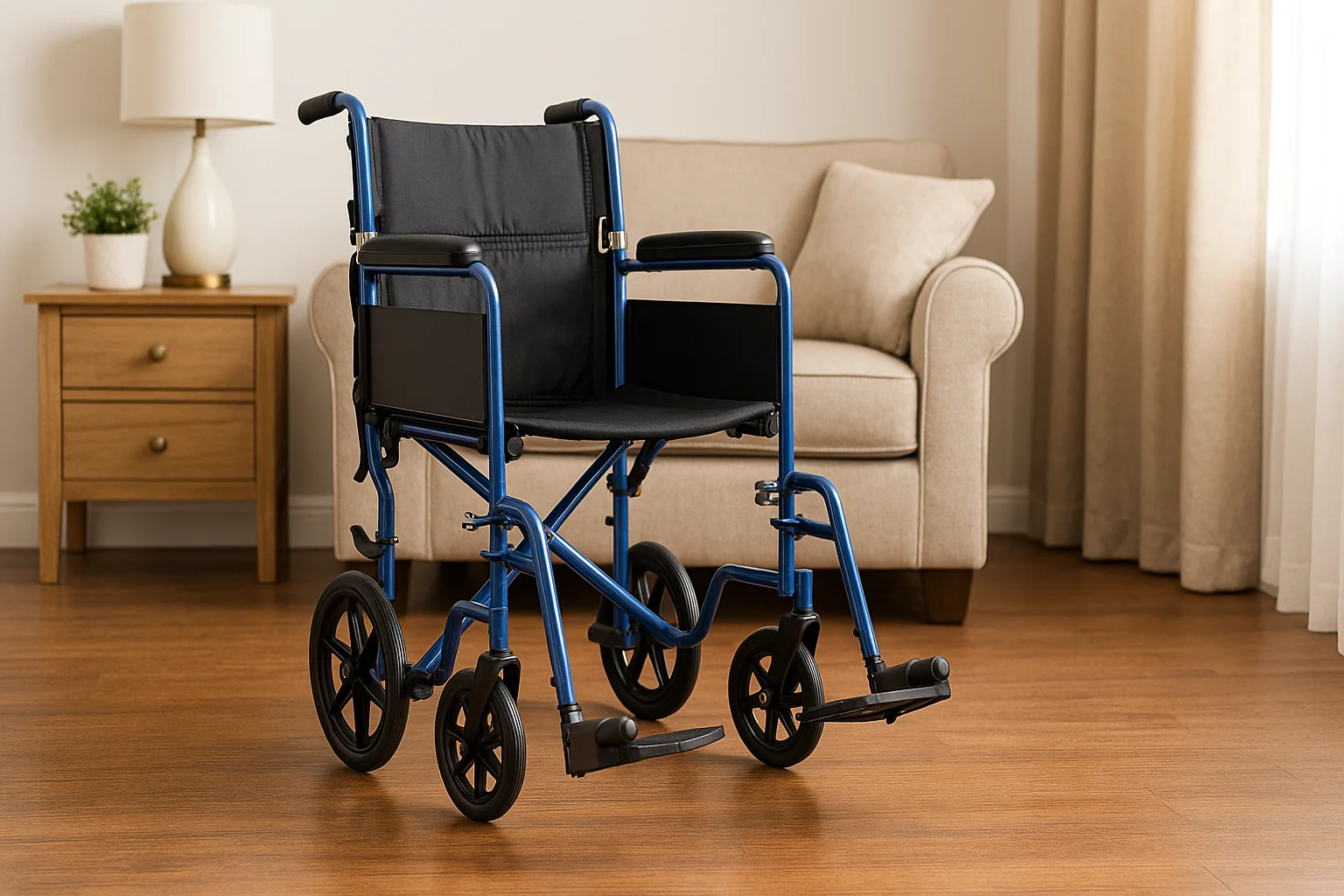 Blue Medline Lightweight Transport Wheelchair on hardwood floor in a sunlit living room with beige furniture and soft curtains.
