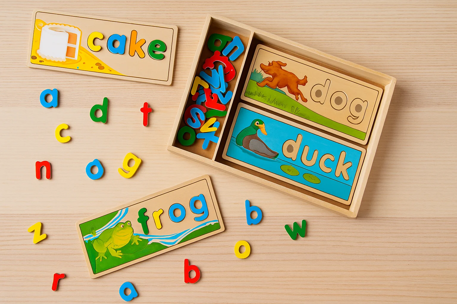 Melissa & Doug See & Spell wooden puzzle set with illustrated word boards and colorful letters on a wooden surface.