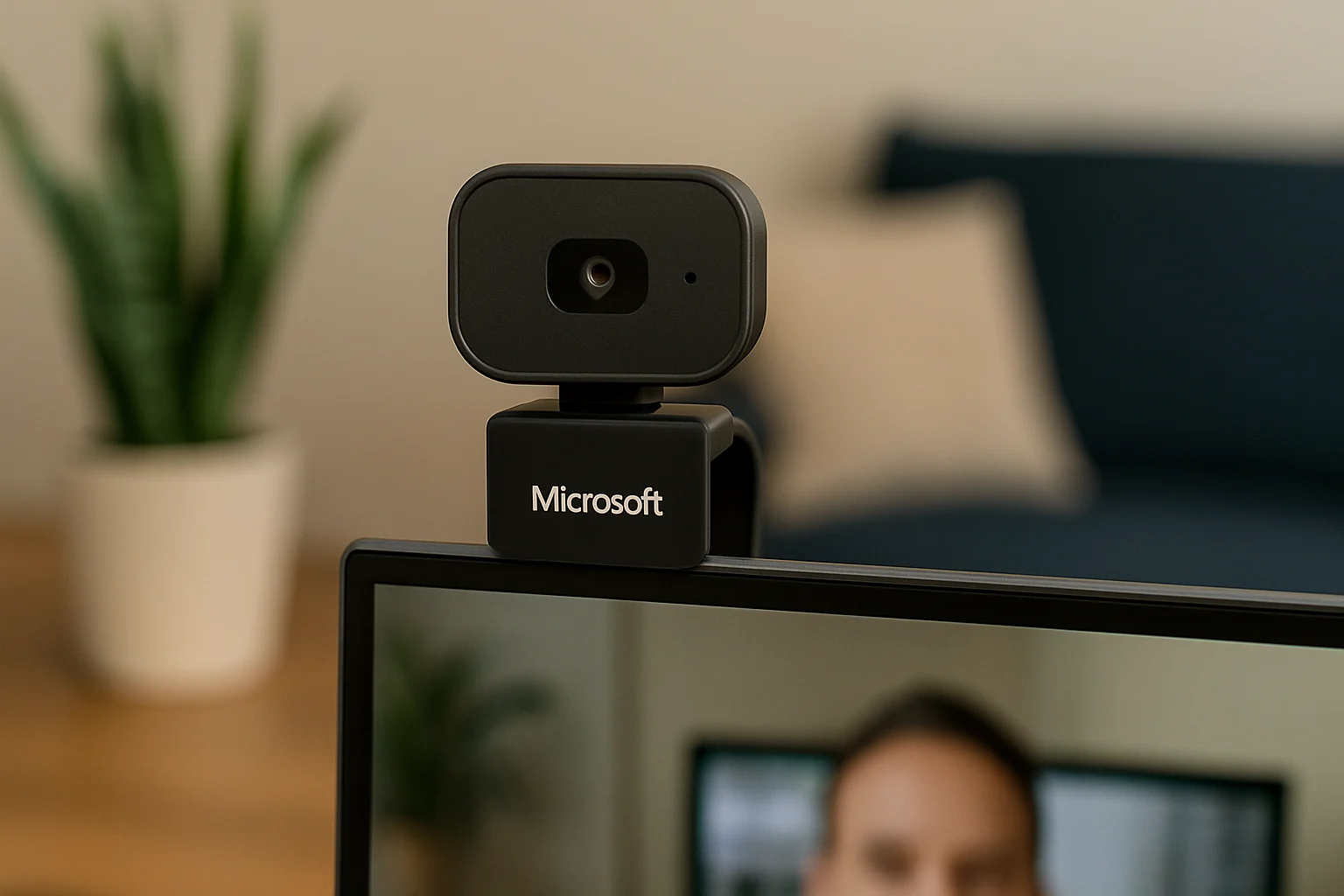 Microsoft Modern Webcam mounted on a monitor in a well-lit desk environment. (Budget-focused but no need for keyword repeat)